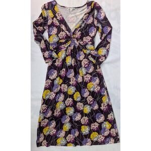Boden Womens V Neck Floral Jersey Dress 2R 3/4 Sleeve Purple Fitted Knee Length